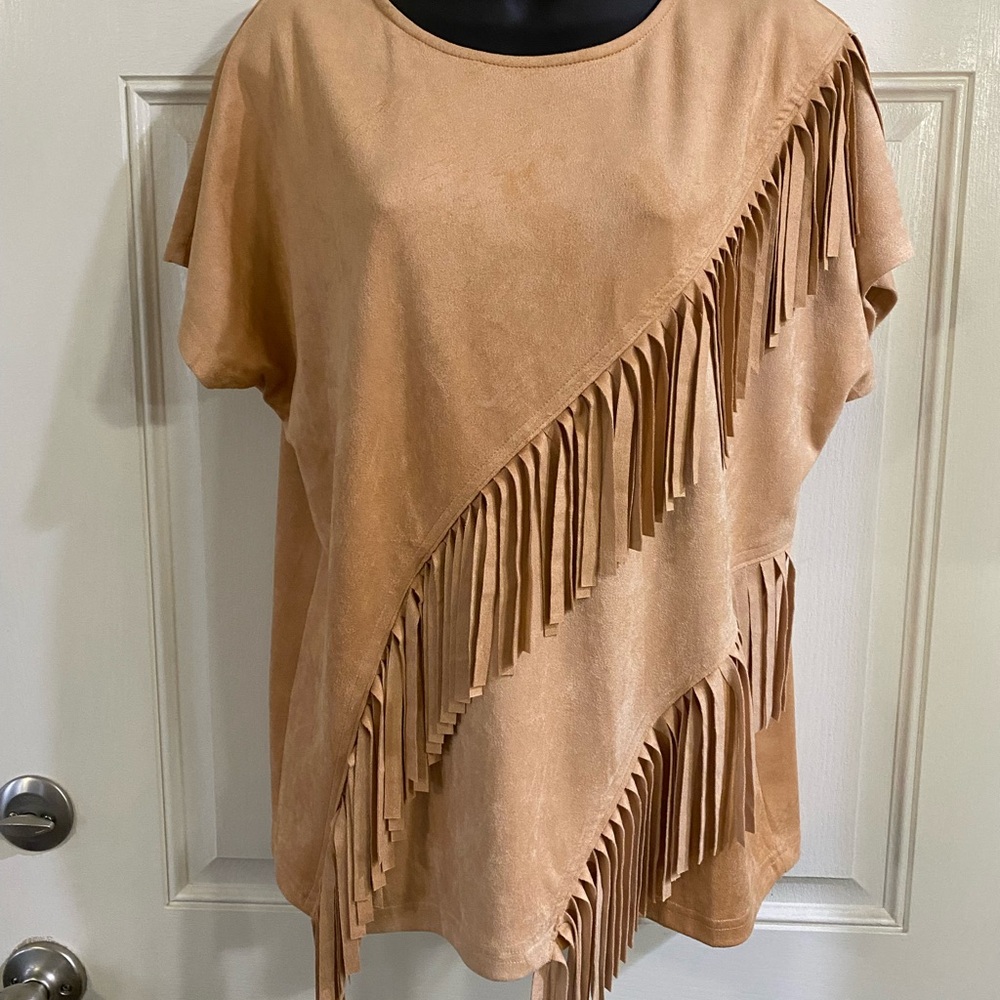 Vocal Latte Color Block Fringe Top Faux Suede Feel, Washable